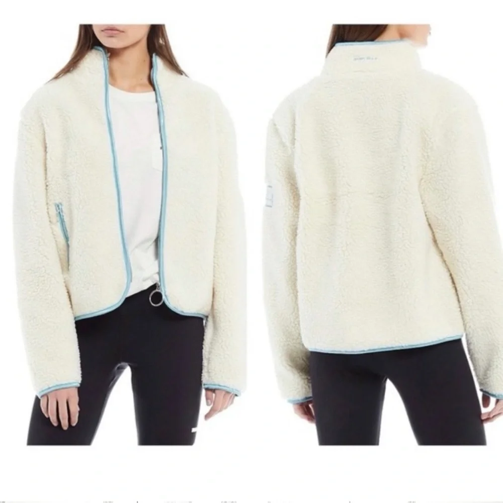 NWOT Ivory Ella Chloe White Sherpa Blue Satin Lined Full Zip Jacket Size Small - Picture 1 of 12